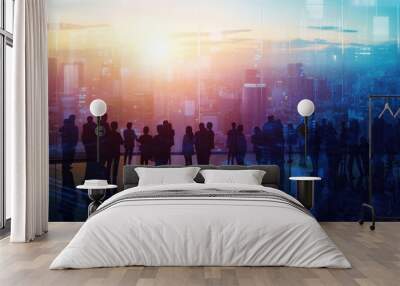 Successful partnership deal depicted by abstract image of business individuals surrounded by cityscape and office building. Wall mural