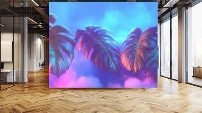 Summer trendy background with tropical and palm leaves in lights  gradient holographic neon colors. Travel, vacation, sea, tropic nature concept. For banner, poster, print, flyer. Wall mural