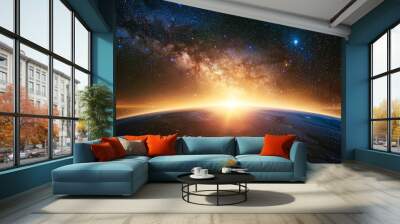 Sunrise over Earth with a starry Milky Way galaxy backdrop. Wall mural