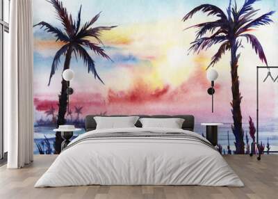 Sunset on the tropical coast. Silhouettes of palms and grass against a background of purple lilac yellow blue pink sunset. Sea mountains sky. Hand-painted watercolor on wet paper illustration. Wall mural