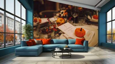 Thanksgiving table setting with automnal decorations, pumpkins, glasses and plates. Holidays, catering and hospitality concept. Wall mural