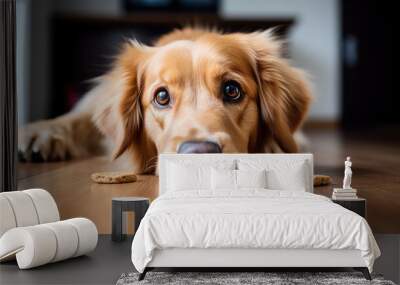 The dog is lying on the floor and looking at piece of dry food. Waiting for feeding. Wall mural