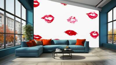 The red lips kisses on a white background. Lipstick kisses set. Kiss lipstick marks for your design. Sexy glossy lip makeup for design. Romantic sign for Valentine day Wall mural