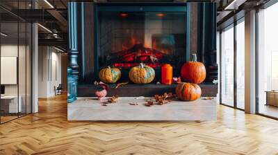 Top view of the fireplace decorated with pumpkins and dry autumn leaves and orange candle. Cozy home concept. Preparing to Halloween. Wall mural