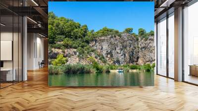 Tourist pleasure boat on the Dalyan River, next to the rocks, which contain the Lycian tombs, in Mugla Province located between the districts of Marmaris and Fethiye on the south-west coast of Turkey Wall mural