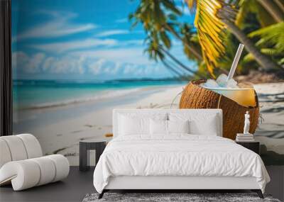 Tropical fresh coconut cocktail on a beach with white sand, blue ocean and clear sky in the background Wall mural