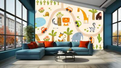 Tropical maze with animals in safari park. Cartoon tropical animals. African animals. Road in a safari park. Game for children. Children's play mat.
 Wall mural