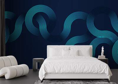 Abstract blue banner background with glowing circle lines. Geometric stripe line art design. Modern shiny blue green line isolated on black background. Vector illustration concept digital, technology. Wall mural