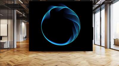 Abstract blue sphere, circles lines wavy in round frame blue green gradient on black background. Vector illustration Wall mural