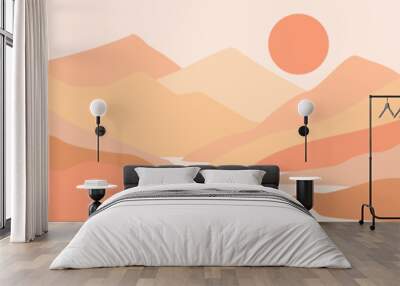 Abstract mountain landscape poster. Contemporary style nature scenery background in trendy Peach Fuzz color of the year 2024. Minimal wall art vector illustration.
 Wall mural