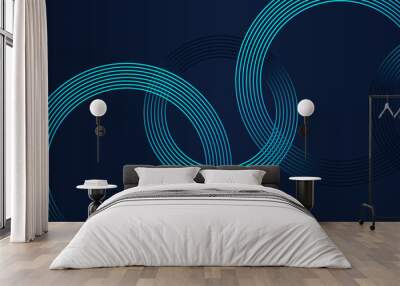 Abstract waving circles lines pattern round frame colorful blue green light on dark blue background. Modern art design in concept of AI technology, futuristic banner, business cover, digital header Wall mural