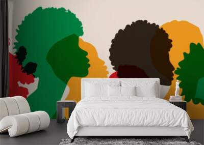 Silhouette face head in profile ethnic group of black African and African American men and women. Identity concept - racial equality and justice. Racism, discrimination. Juneteenth emancipation. Wall mural