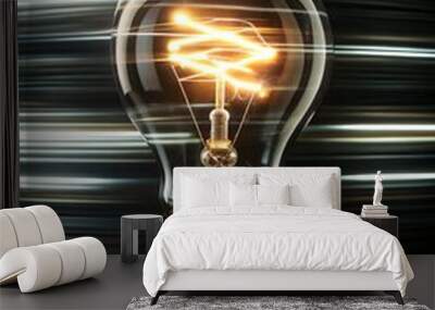 Tungsten light bulb lit on black background concept of problem solving and finding idea Wall mural