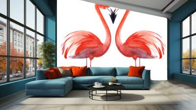 Two flaming Red Pink flamingos On thin legs. Black beak eye dot. Stylized bird for postcards. Hand drawn decorative watercolor illustration. Isolated on a white background Wall mural