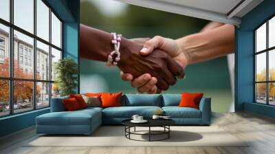 Two tennis players in sportswear shaking hands with each other Wall mural