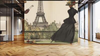 two women are cheering in front of the eiffel tower, in the style of lively group compositions. banner Wall mural