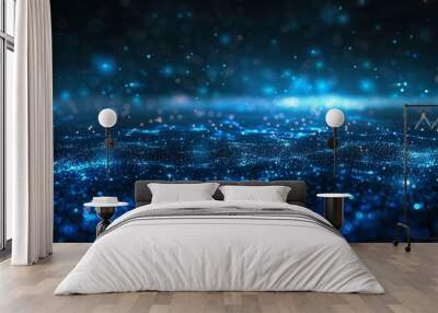 Vast expanse of glowing blue particles and light bokeh on dark background. Wall mural