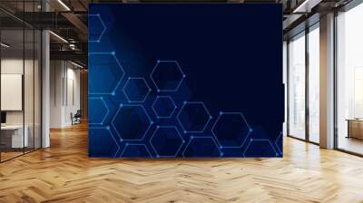 Vector background technology. Poster design with geometric shapes, honeycombs. Texture with lines, dots, neon light and hexagonal pattern. Digital communication. Social networks, websites. Wall mural