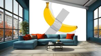 Vector cartoon illustration of yellow ripe banana duck taped on white wall background. Conceptual art modern installation. Yellow banana duct-taped to a wall at art gallery. Wall mural