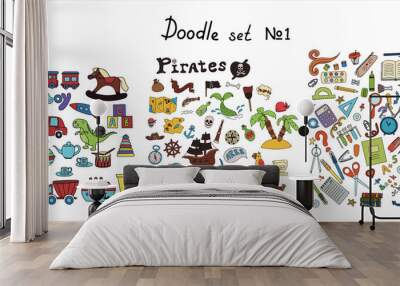 Vector doodle pirate, toys, school supples sets. A map with a hand-drawn sketch of a mermaid ship and pirate items. Template for children s postcards. Map of treasure island. Hand draw collection of Wall mural