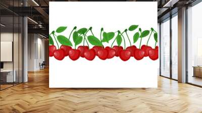 Vector endless border with red sweet cherry isolated on white background. Seamless horizontal pattern with cartoon flat cherry fruits and green leaves for print, design. Wall mural