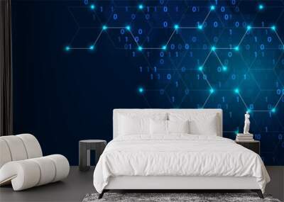 Vector neon information background frame. Computer technology design. Texture hexagons, circles, zeros, ones, dots, lines. Glow stars. Binary system. Digital network. Poster for technology, business. Wall mural