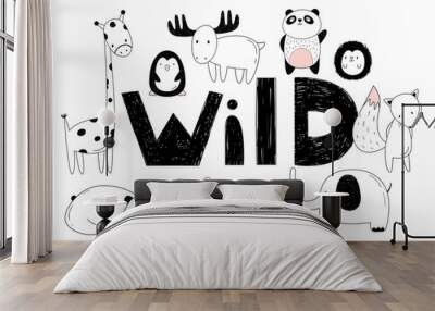 Vector set of wild animals. Drawings by hand. Cartoon zoo. 10 objects, inscription. Wall mural