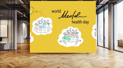 Vector world mental health day poster doodle hand drawn  illustration. Mental Health care concept. Poster, Banner, Flyer, Template. Mental health day awareness. Mental illness is a health problem Wall mural