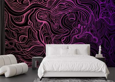 Vintage bright abstract decorative swirl crazy lines pattern, vivid gradient pink purple outline, isolated on black background. Wall mural