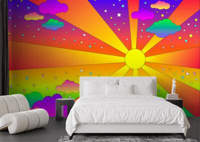 Vintage psychedelic landscape with sun and clouds, stars. Vector cartoon bright gradient colors background. Hippie style art landscape. Wall mural