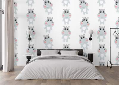 Seamless pattern with lovely kawaii hippopotamus, cutie grey hippo. Cute vector wallpaper for nursery, print or textile for kids	 Wall mural