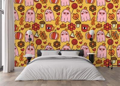 Seamless pattern with trendy Happy Halloween vector illustration in flat outline cartoon cute kids style Wall mural