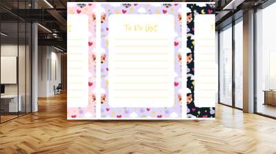 Style cute note organizer, check list, lined to do list with kawaii animals pattern. Printable kids checklist. Scrapbook, diary, page notebook, daily planner. Kawaii stationery for little children Wall mural