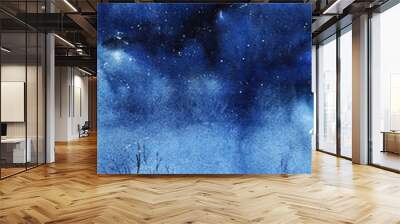 watercolor hand drawing night sky with stars deep blue and black background silhouettes of winter trees and forests Wall mural