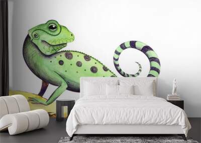 Watercolor image of cute green lizard with black spots on body and striped curved tail. Wild desert animal sits on sandy stone watching its back. Hand drawn reptile against white background Wall mural