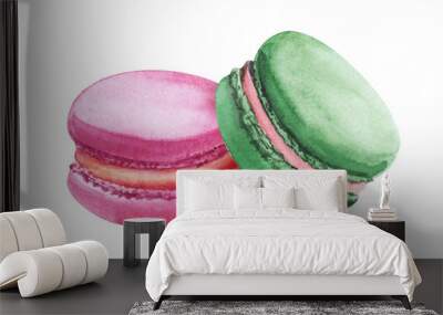 Watercolor image of two colorful macaroons isolated on white background. Hand drawn illustration of pink and green almond biscuits. Crunchy delicious dessert with tender cream Wall mural