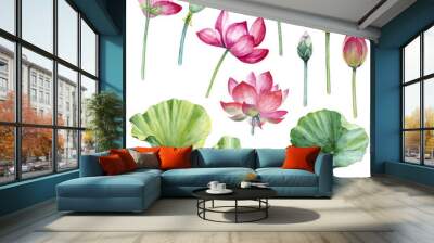 Watercolor lotus flowers, leaves, buds and seeds set on a white background. Wall mural