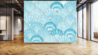 Watercolor sea shell seamless pattern. Hand drawn seashells texture vintage ocean background Wall mural