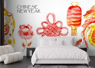 Watercolor set with chinese New Year Cliparts. Chinese Laterns, Dragoon, flowers, fan, coins, knots. Traditional Elelments isolated on white Wall mural