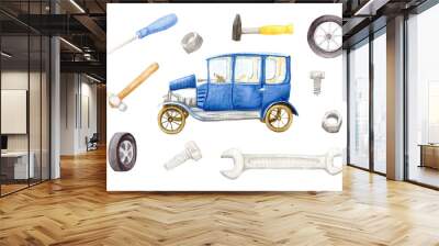 Watercolor set with hand tools for a car and a blue car. Hammer, nut and screwdriver. Childrens watercolor set of stickers for boys. Wall mural