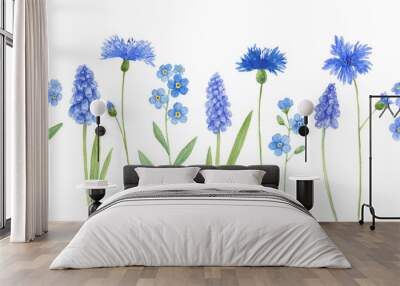 Watercolor wild field blue flowers isolated on white background - muscari, cornflower, forget-me. Botanical illustration Wall mural