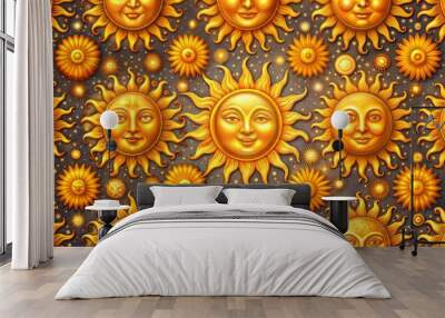 Whimsical Golden Sun Faces Pattern for Celestial and Astrological Designs Wall mural