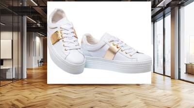 White sneaker isolated. Close-up of a pair white elegant stylish female leather high-heeled sport shoes isolated. Clipping path. Womens shoe fashion. Modern design footwear for workout. Wall mural