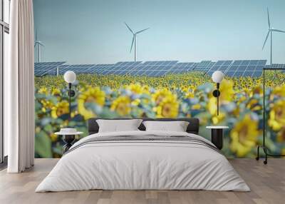 Wind turbines and solar panels amidst a sunflower field under a clear sky. Wall mural