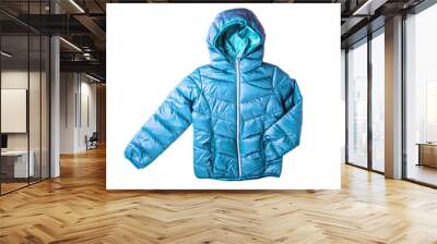 Winter jacket isolated. A stylish blue warm down jacket with for the kids isolated on a white background. Clipping path. Childrens wear for winter. Wall mural