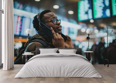 Young guy talking on a mobile phone in the airport waiting room, going on a trip Wall mural