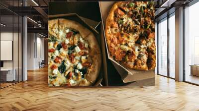 Two pizzas in boxes on table. Top view. Wall mural