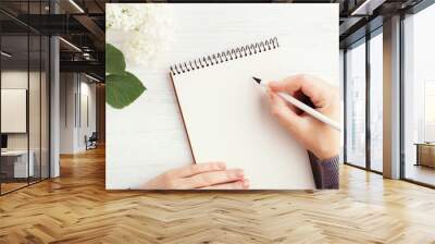 Woman's hand writing in notebook on white wooden table. Working place and planning concept, top view. Wall mural