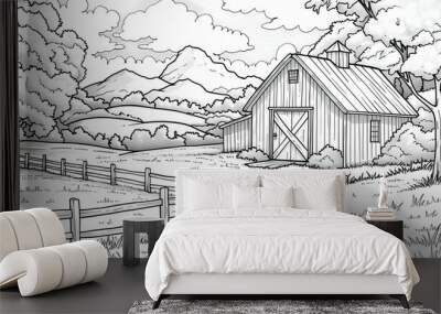 Farm, coloring page for kids. Wall mural