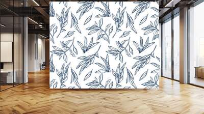 Blue vector floral leaves seamless pattern. Line art. Silhouette leaf hand drawn inks by brush on modern style. Decorative natural ornament for print textile, wrapping paper, fabrics, covers. Wall mural